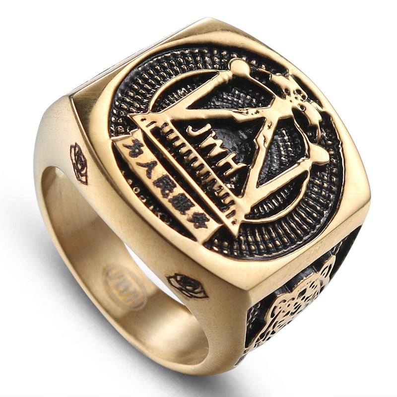 Stylish Gold Freemason Ring for Men - Personalized Retro Stainless Steel Jewelry in European and American Fashion