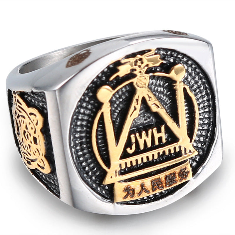 Stylish Gold Freemason Ring for Men - Personalized Retro Stainless Steel Jewelry in European and American Fashion