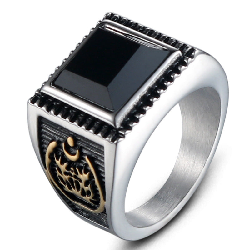 Stylish Titanium Steel Men's Ring with Black Zircon - Personalized Retro Anchor Design