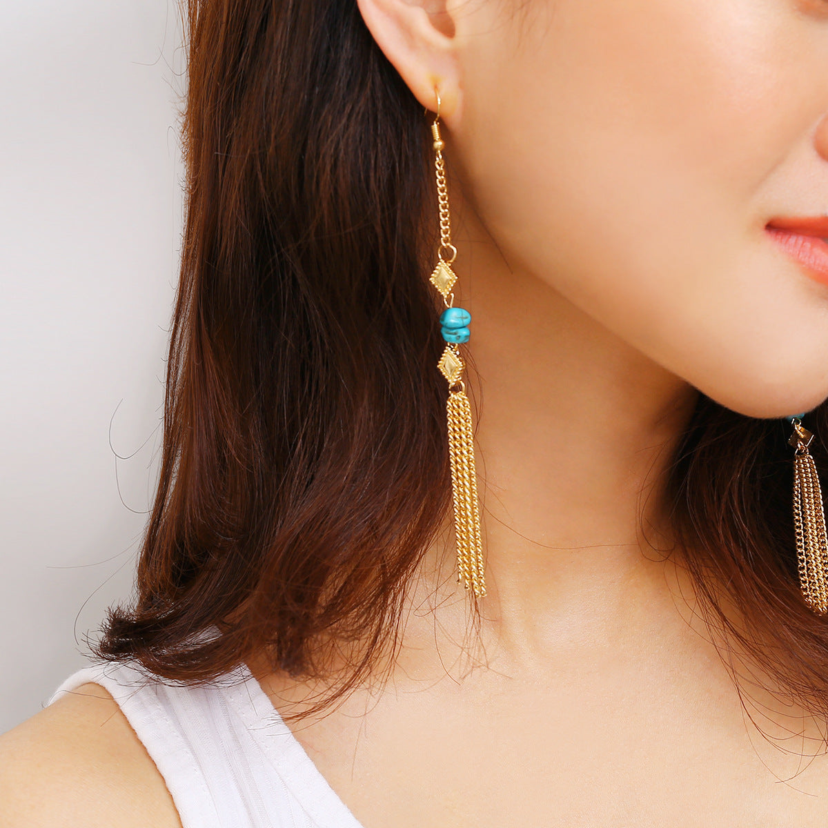 Creative Metal Chain and Turquoise Pendant Earrings from Vienna Verve Collection