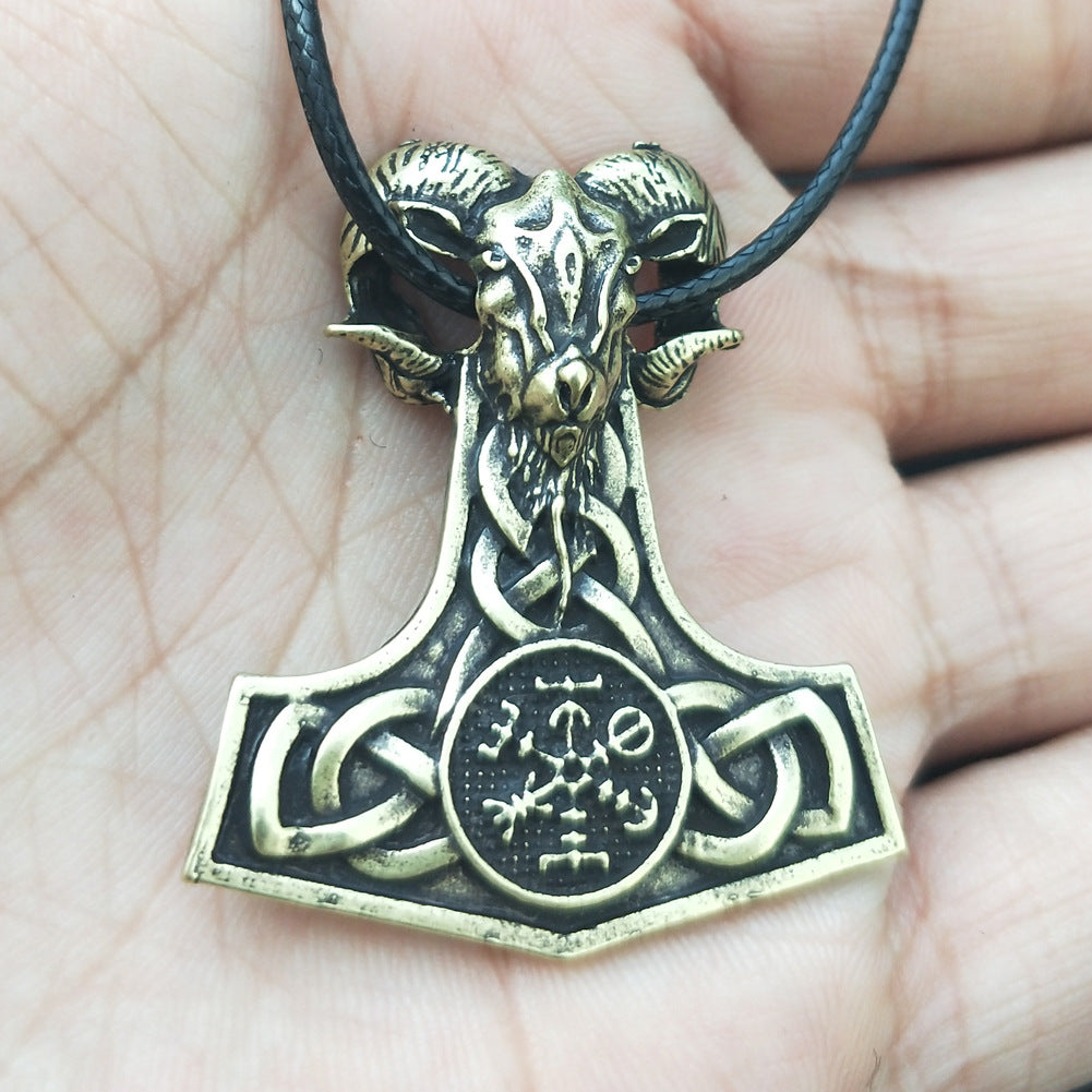 Mythical Viking Hammer Pendant Necklace with Compass Rune Engravings