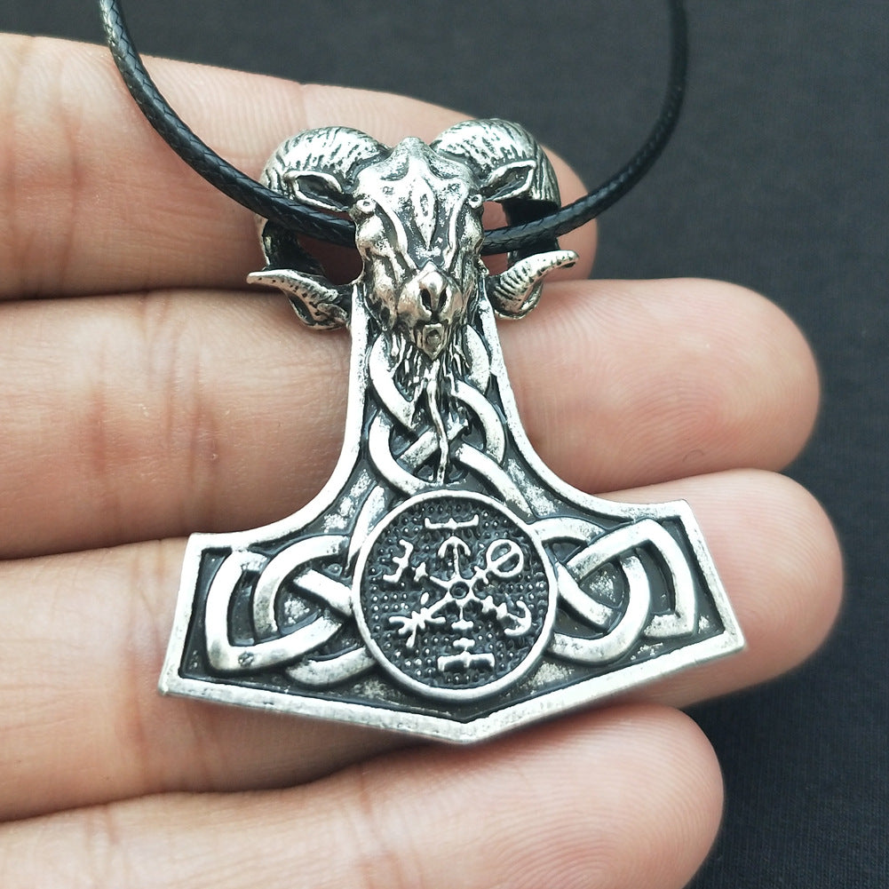 Mythical Viking Hammer Pendant Necklace with Compass Rune Engravings