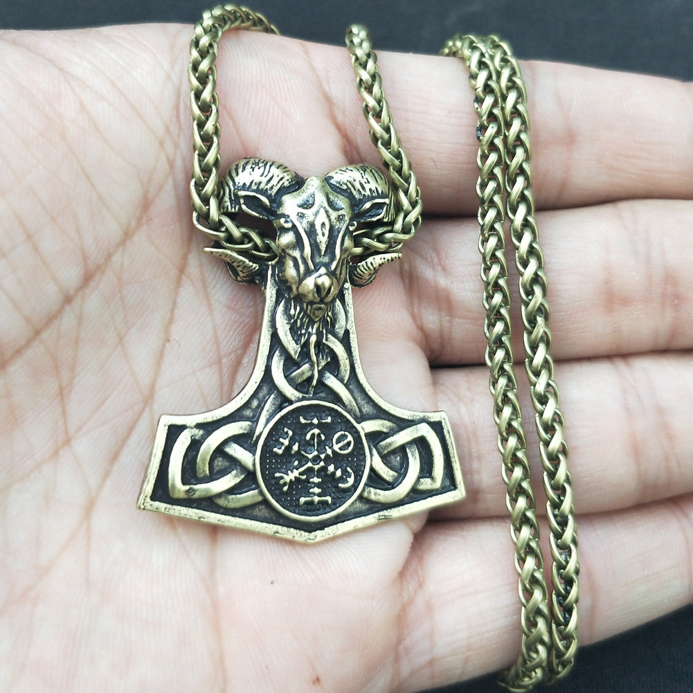 Mythical Viking Hammer Pendant Necklace with Compass Rune Engravings