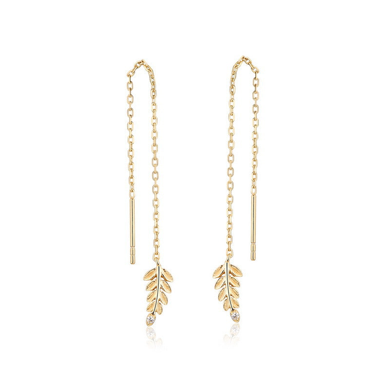 Olive Leaf Zircon Long Tassel Sterling Silver Ear Line Earrings