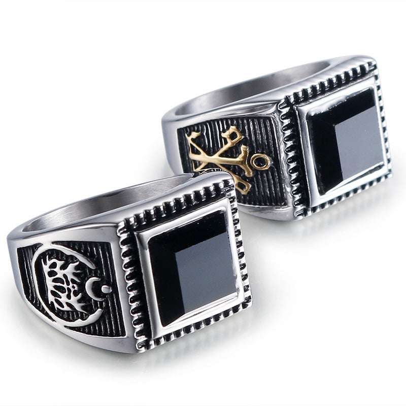 Stylish Titanium Steel Men's Ring with Black Zircon - Personalized Retro Anchor Design