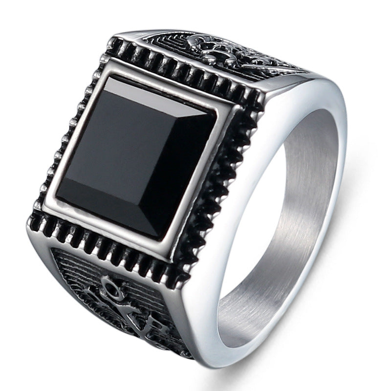 Stylish Titanium Steel Men's Ring with Black Zircon - Personalized Retro Anchor Design