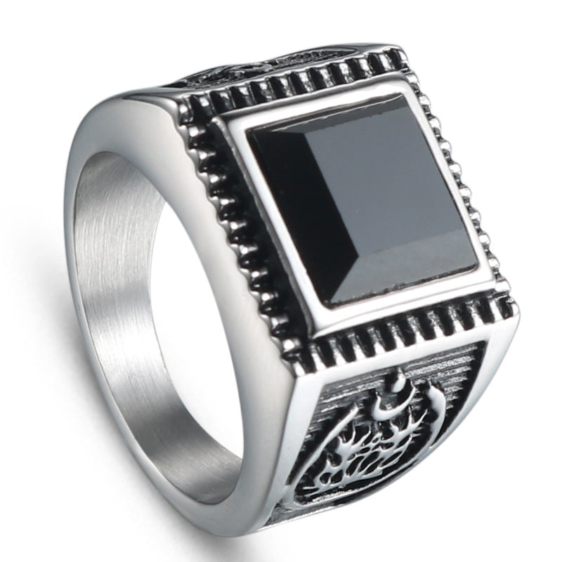 Stylish Titanium Steel Men's Ring with Black Zircon - Personalized Retro Anchor Design