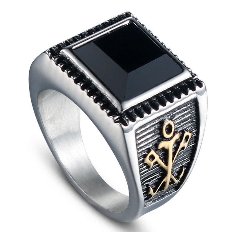 Stylish Titanium Steel Men's Ring with Black Zircon - Personalized Retro Anchor Design