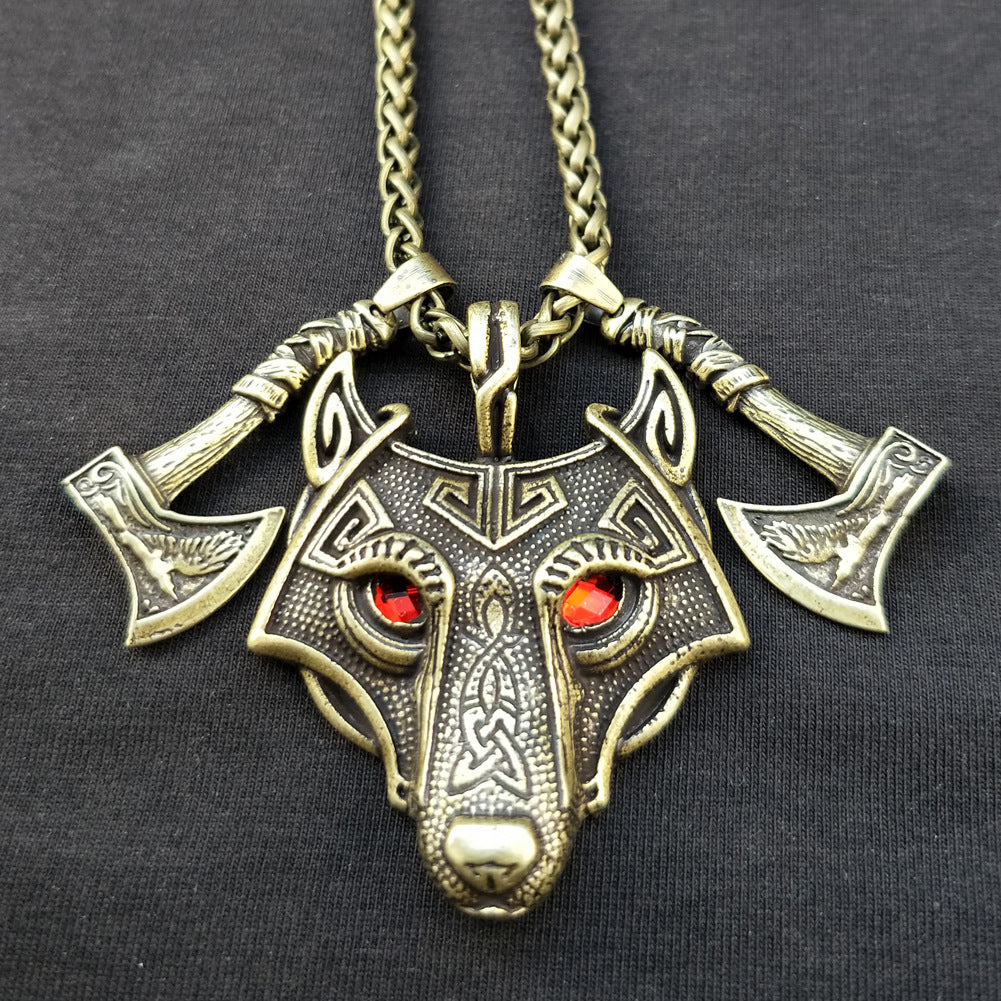 Norse Legacy Men's Mythical Wolf Head and Crow Axe Pendant Necklace