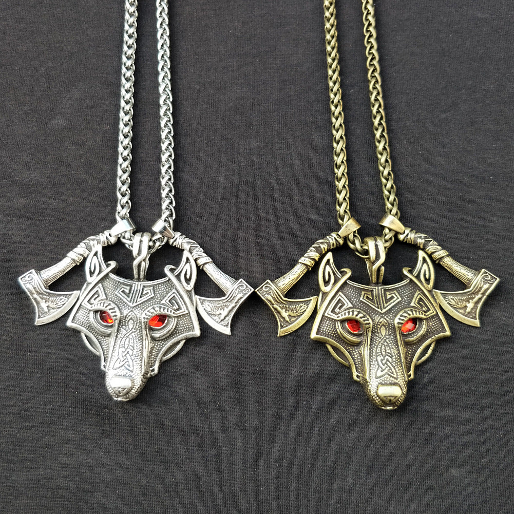 Norse Legacy Men's Mythical Wolf Head and Crow Axe Pendant Necklace