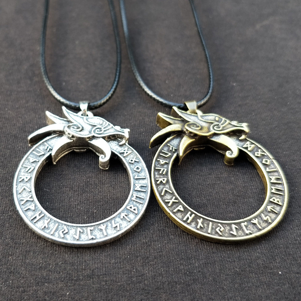 Norse Legacy Dragon Head Necklace with Runic Pendant - Men's Nordic Jewelry