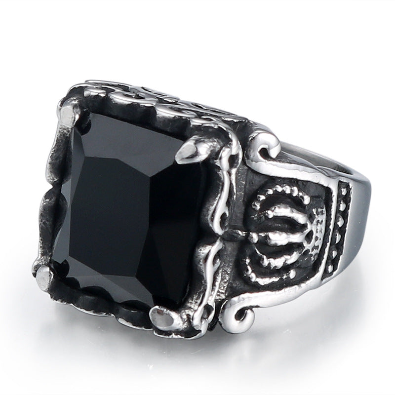 Punk-Inspired Crown Stainless Steel Ring with Black Zircon for Men - Factory Direct Sales