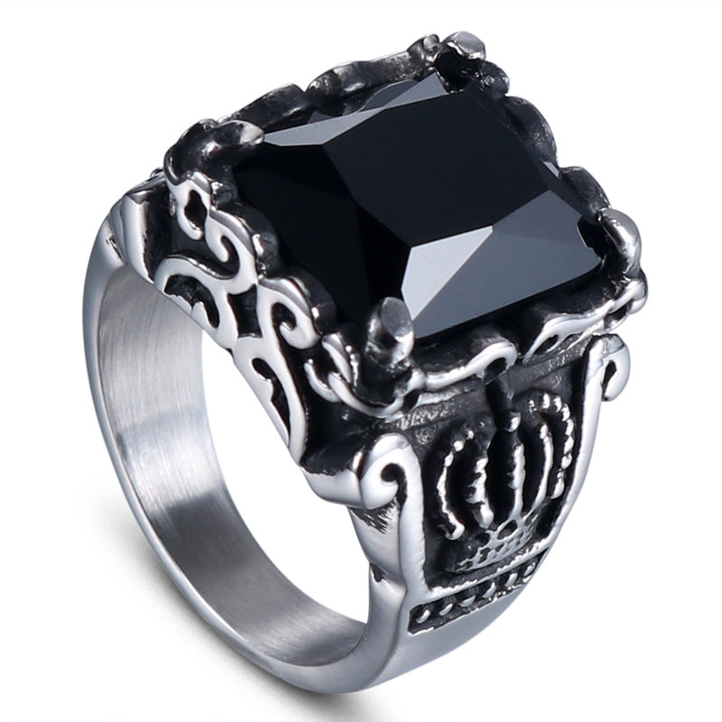 Punk-Inspired Crown Stainless Steel Ring with Black Zircon for Men - Factory Direct Sales