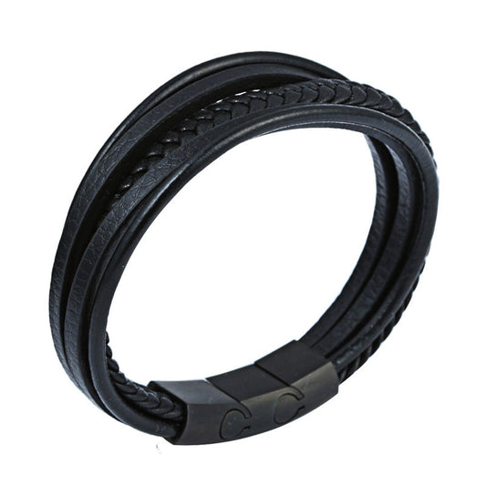 Titanium Steel Handcrafted Multi-layer Leather Bracelet for Men with Retro Magnetic Closure