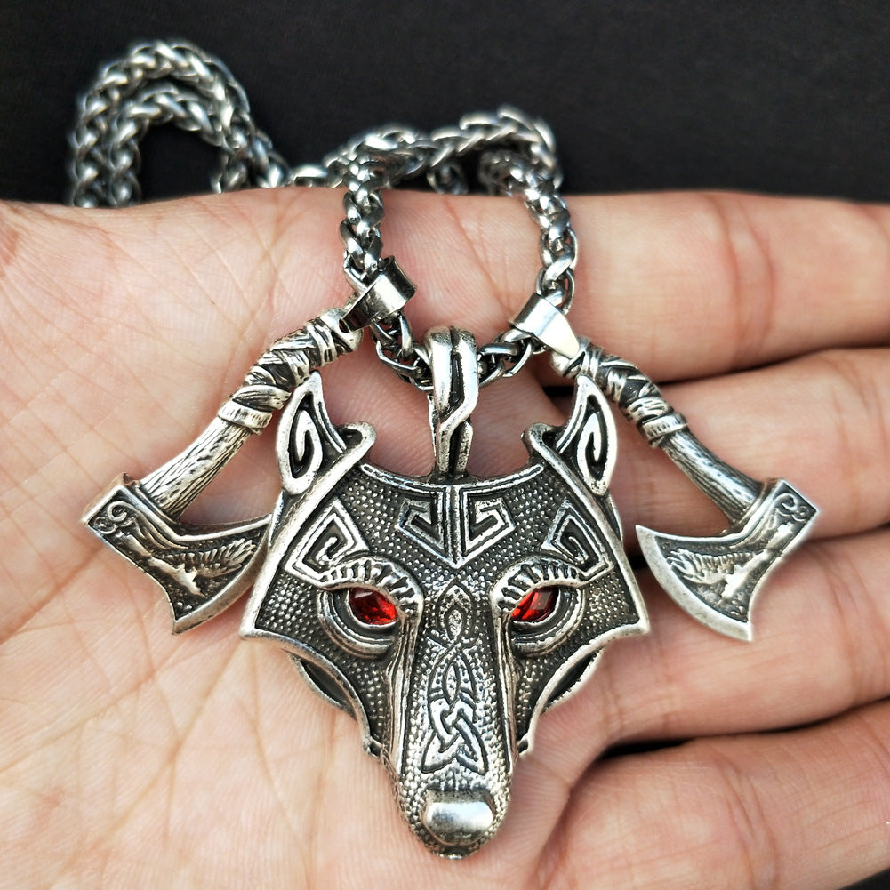 Norse Legacy Men's Mythical Wolf Head and Crow Axe Pendant Necklace