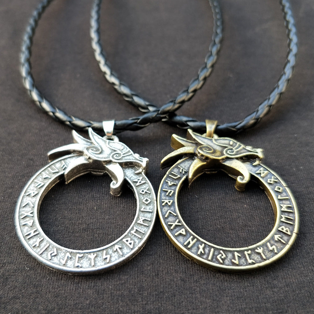 Norse Legacy Dragon Head Necklace with Runic Pendant - Men's Nordic Jewelry