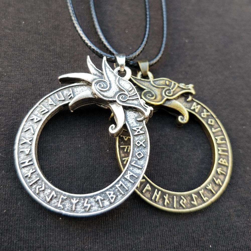 Norse Legacy Dragon Head Necklace with Runic Pendant - Men's Nordic Jewelry