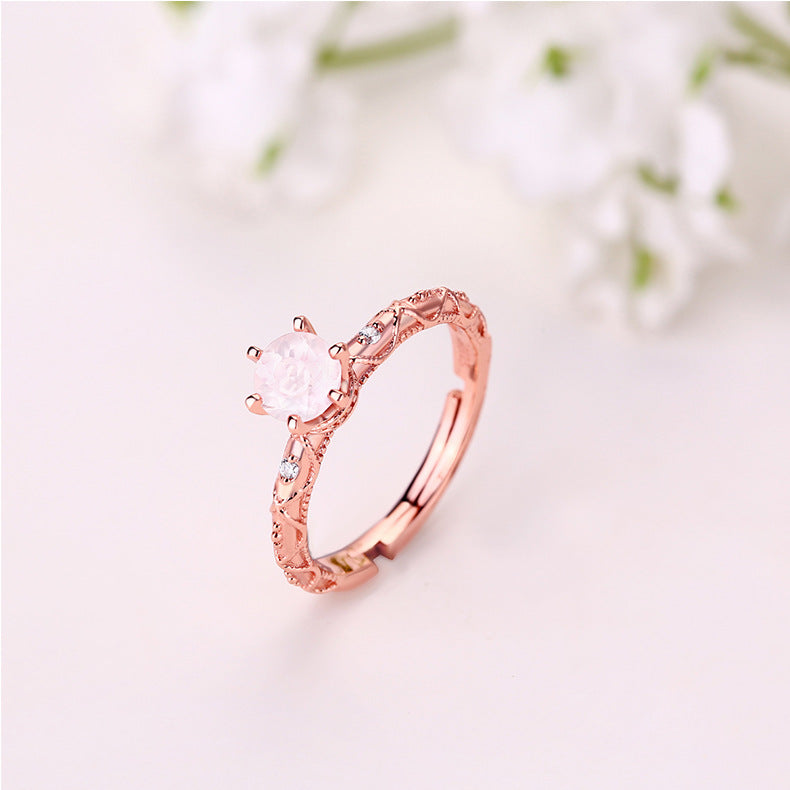 Six Prongs Round Shape Pink Crystal Opening Silver Ring