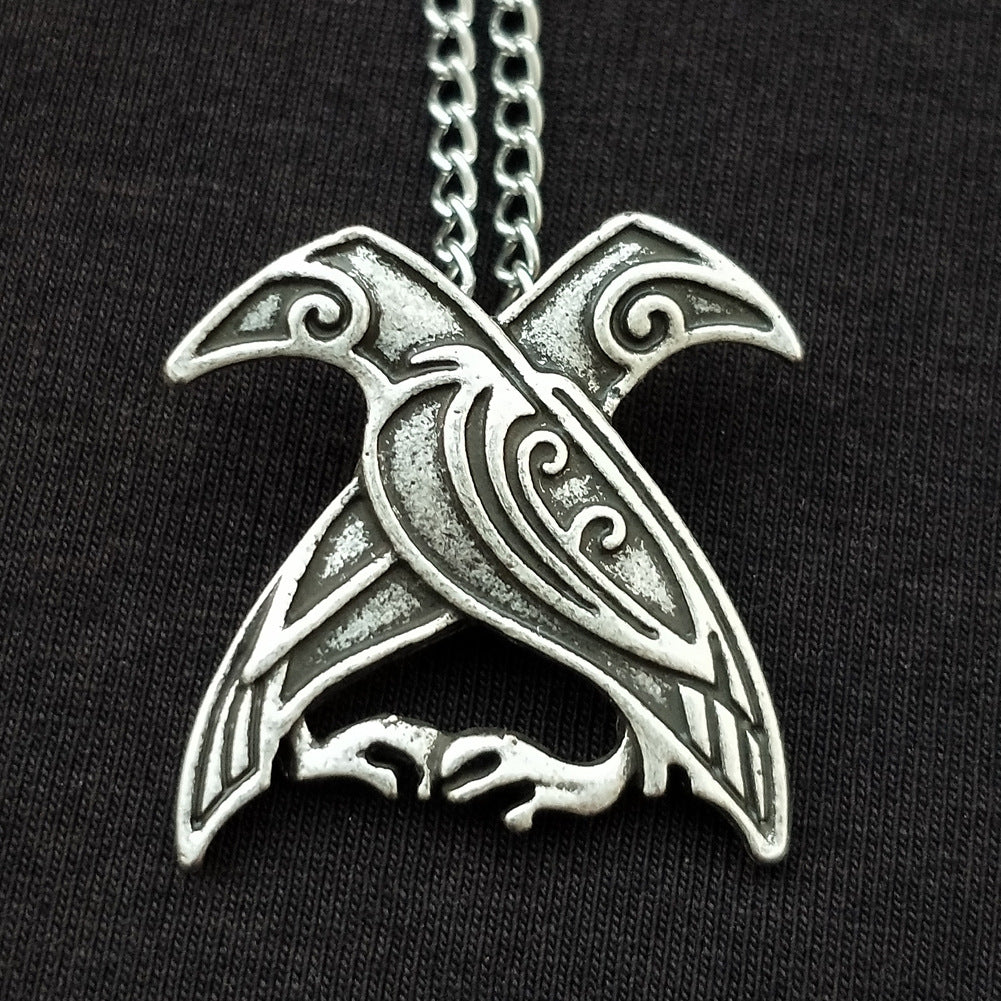 Viking Legend Odin Crow Necklace in Silver Plated Handcarved Design