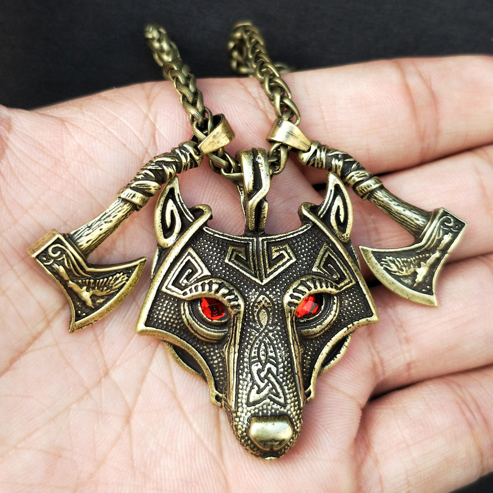 Norse Legacy Men's Mythical Wolf Head and Crow Axe Pendant Necklace