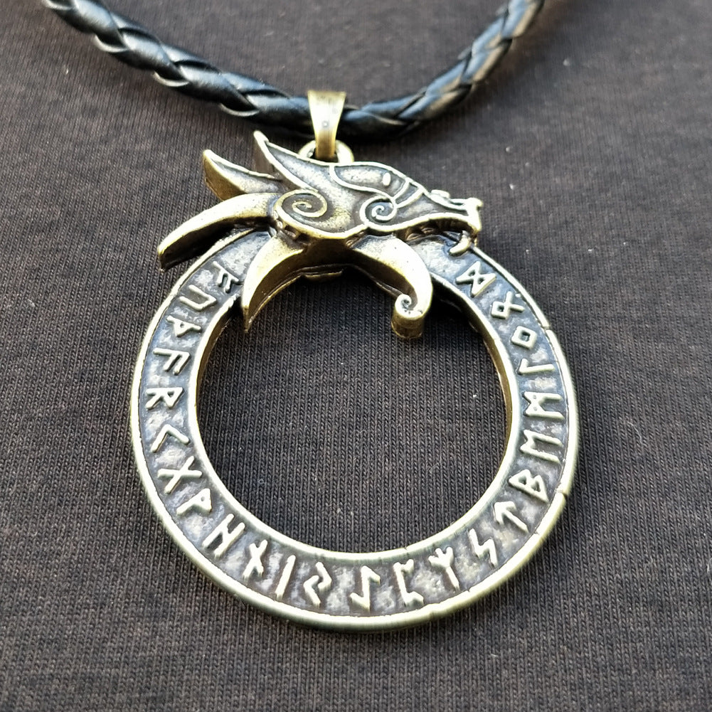 Norse Legacy Dragon Head Necklace with Runic Pendant - Men's Nordic Jewelry