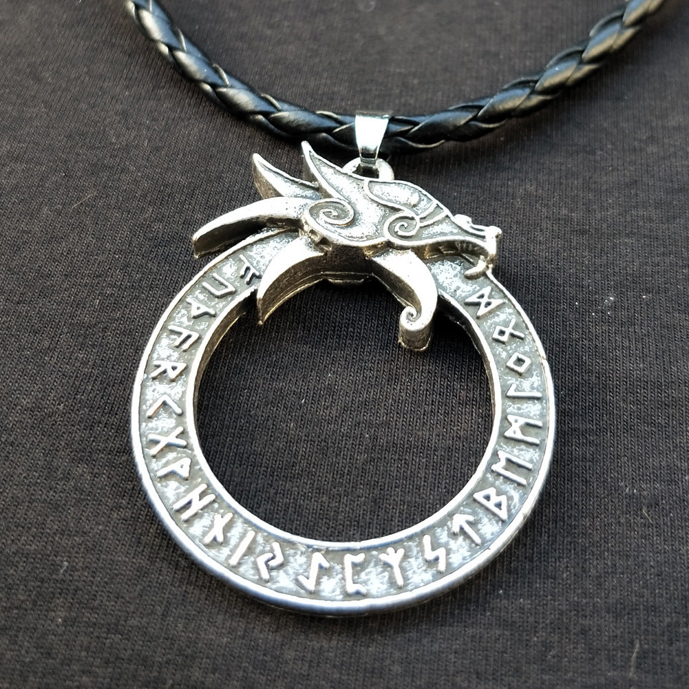 Norse Legacy Dragon Head Necklace with Runic Pendant - Men's Nordic Jewelry