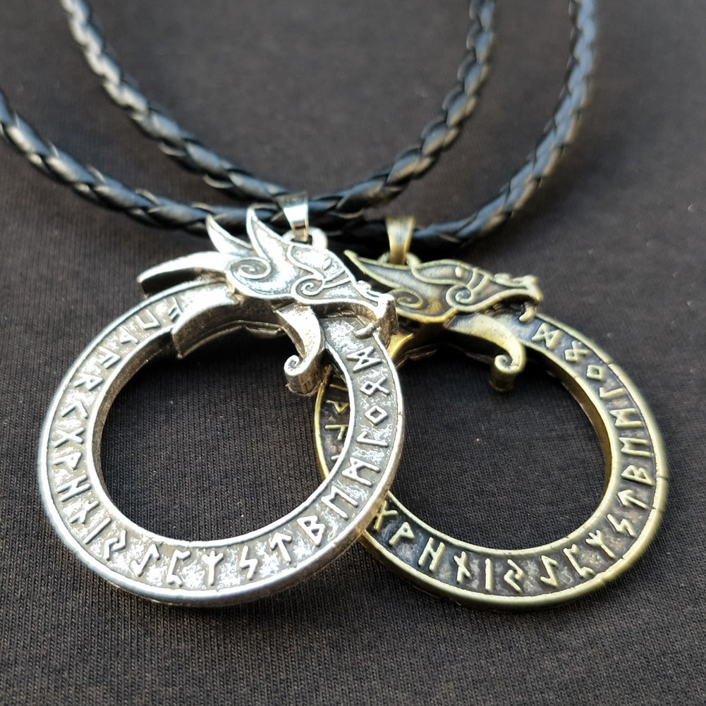 Norse Legacy Dragon Head Necklace with Runic Pendant - Men's Nordic Jewelry