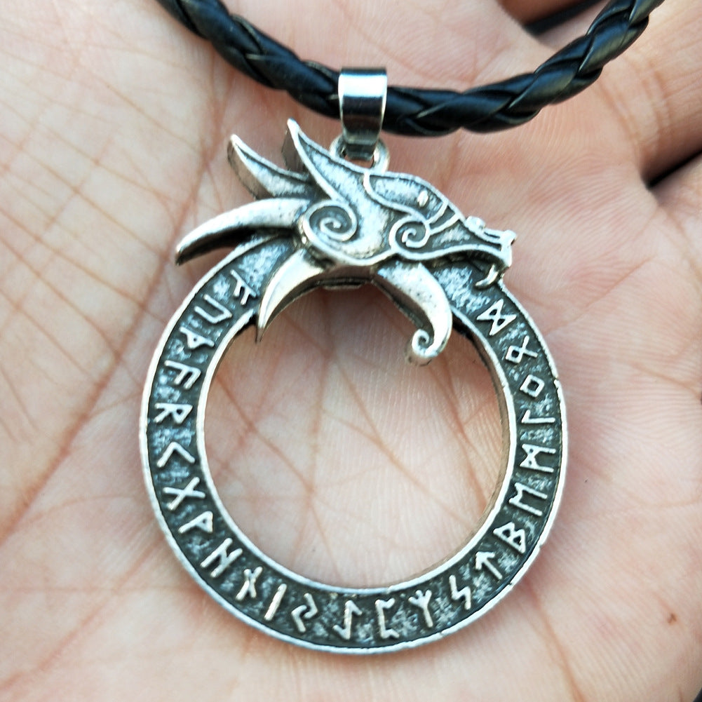 Norse Legacy Dragon Head Necklace with Runic Pendant - Men's Nordic Jewelry