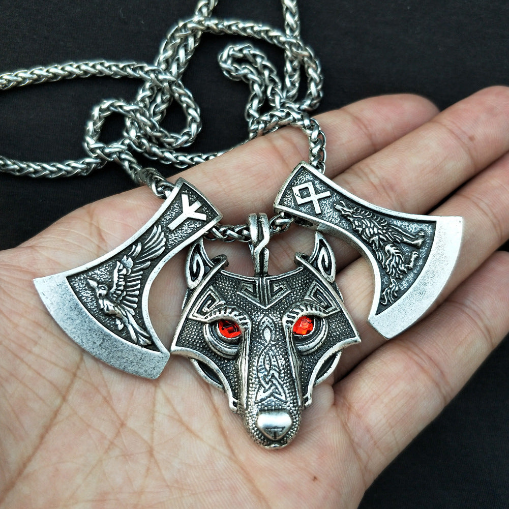 Nordic Myth Wolf Head and Axe Necklace - Norse Legacy Collection