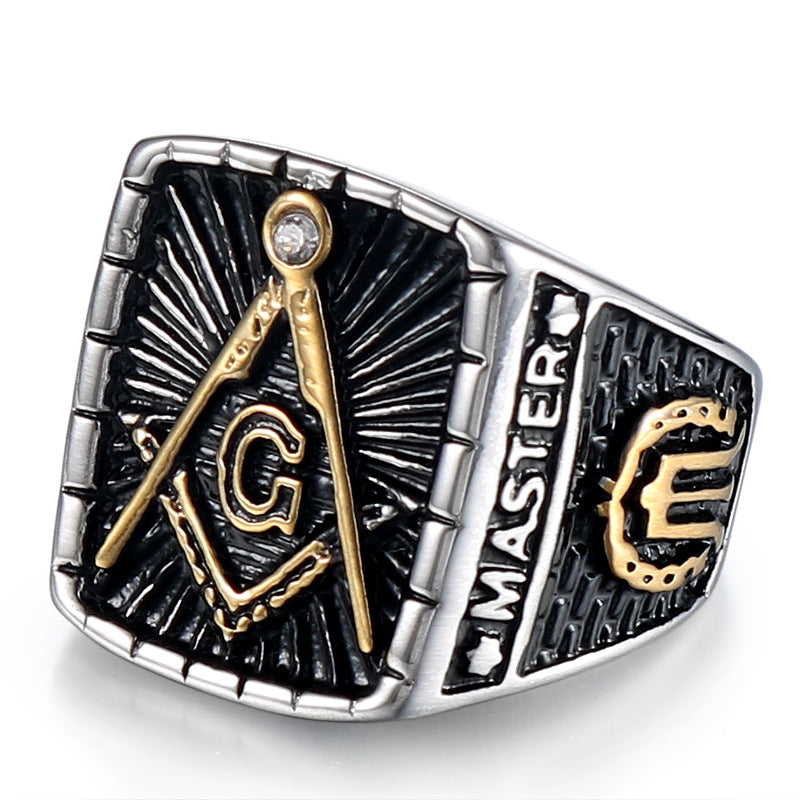 Men's Retro Diamond-Encrusted Masonic Stainless Steel Ring - European and American Fashion Jewelry