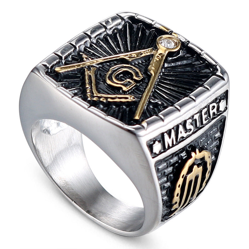 Men's Retro Diamond-Encrusted Masonic Stainless Steel Ring - European and American Fashion Jewelry