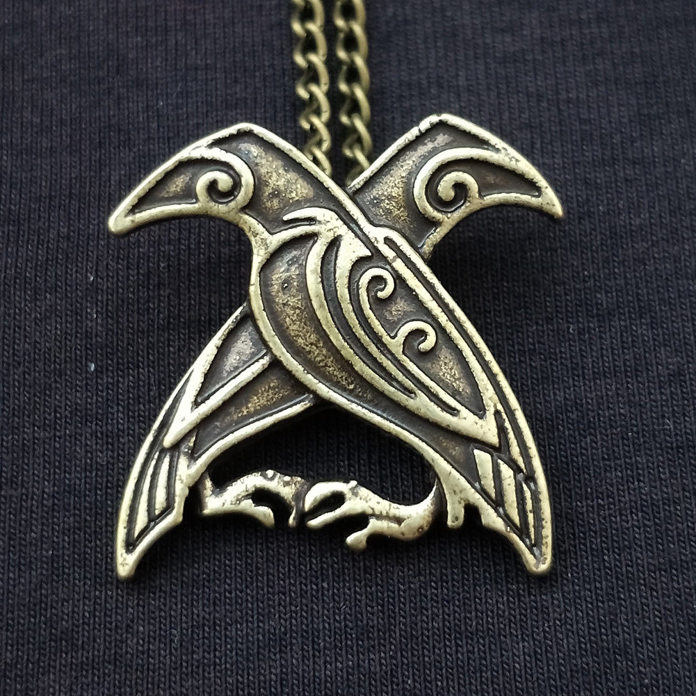 Viking Legend Odin Crow Necklace in Silver Plated Handcarved Design