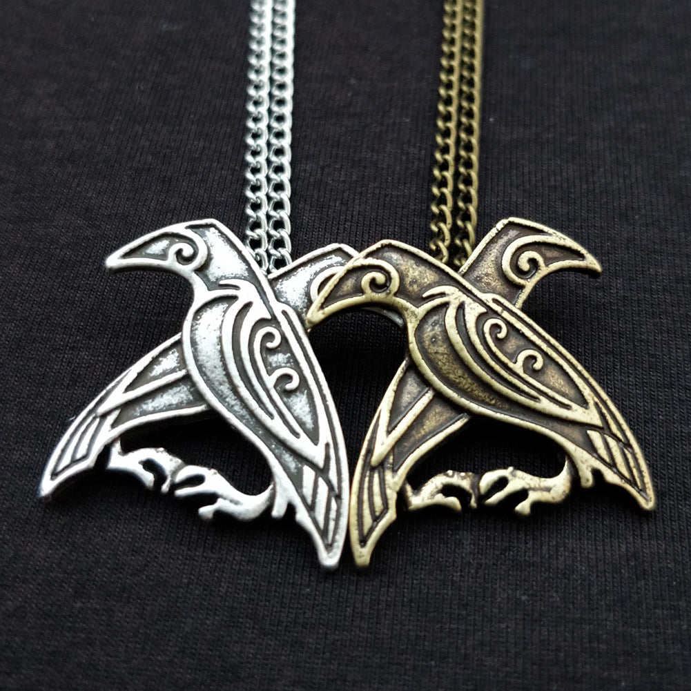 Viking Legend Odin Crow Necklace in Silver Plated Handcarved Design