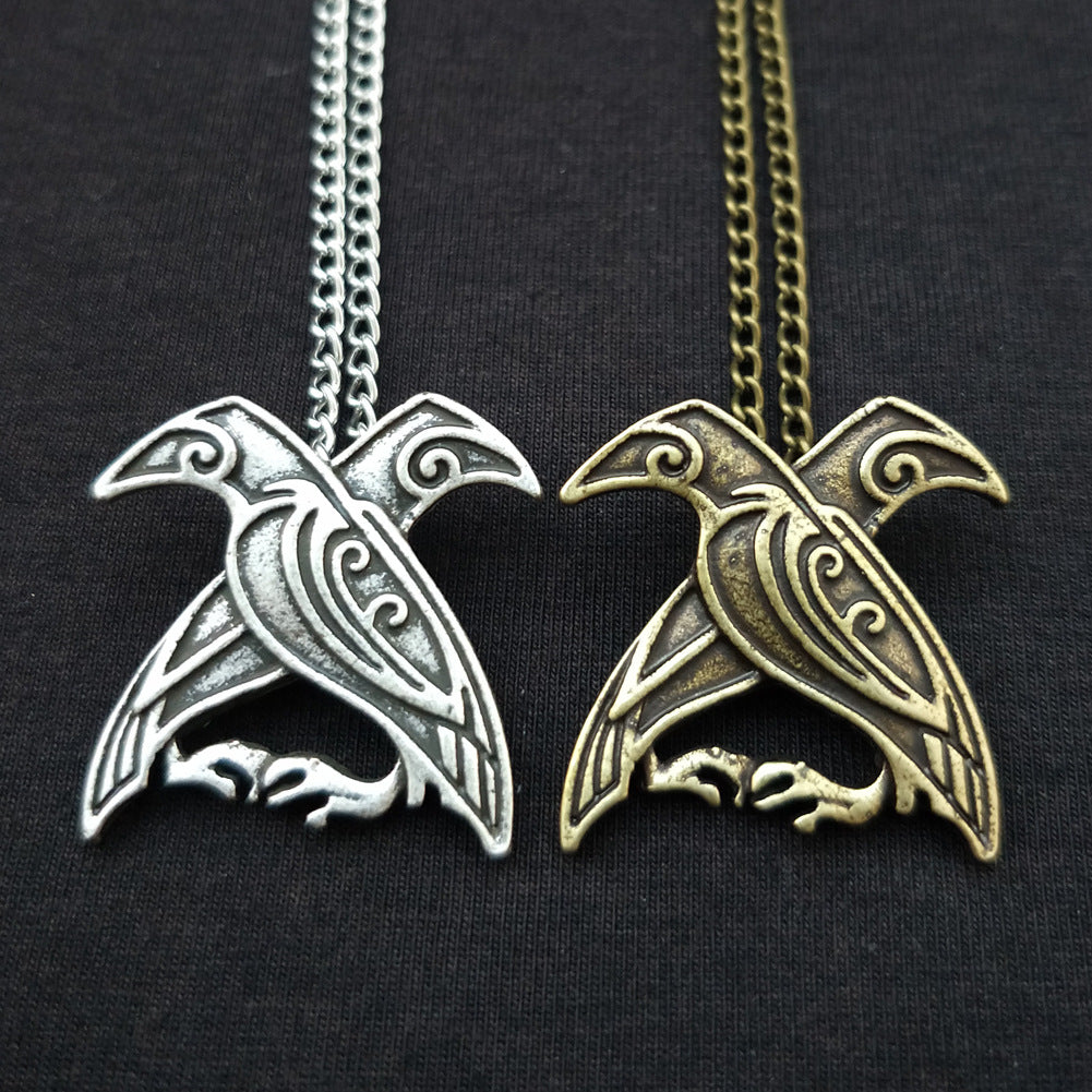 Viking Legend Odin Crow Necklace in Silver Plated Handcarved Design