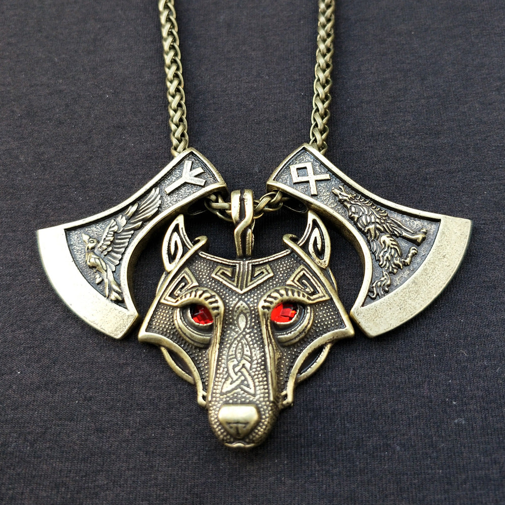 Nordic Myth Wolf Head and Axe Necklace - Norse Legacy Collection