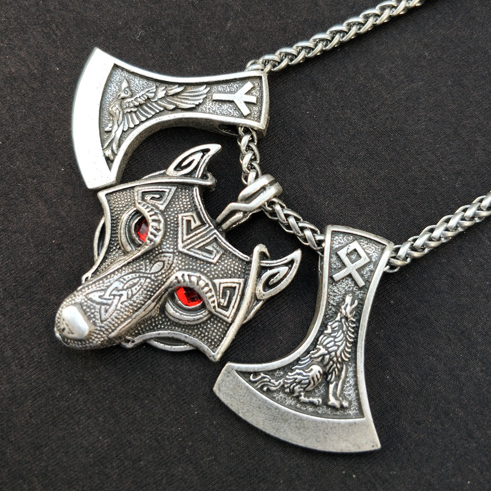 Nordic Myth Wolf Head and Axe Necklace - Norse Legacy Collection