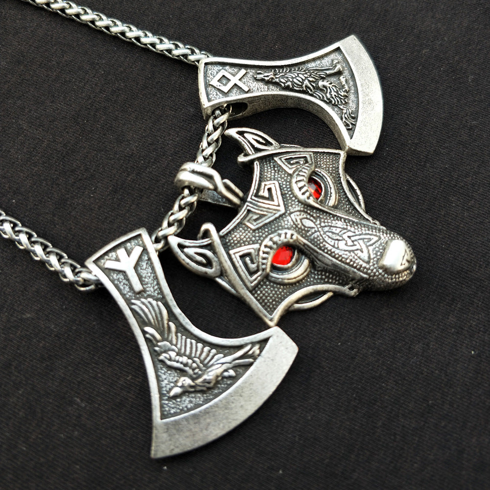 Nordic Myth Wolf Head and Axe Necklace - Norse Legacy Collection