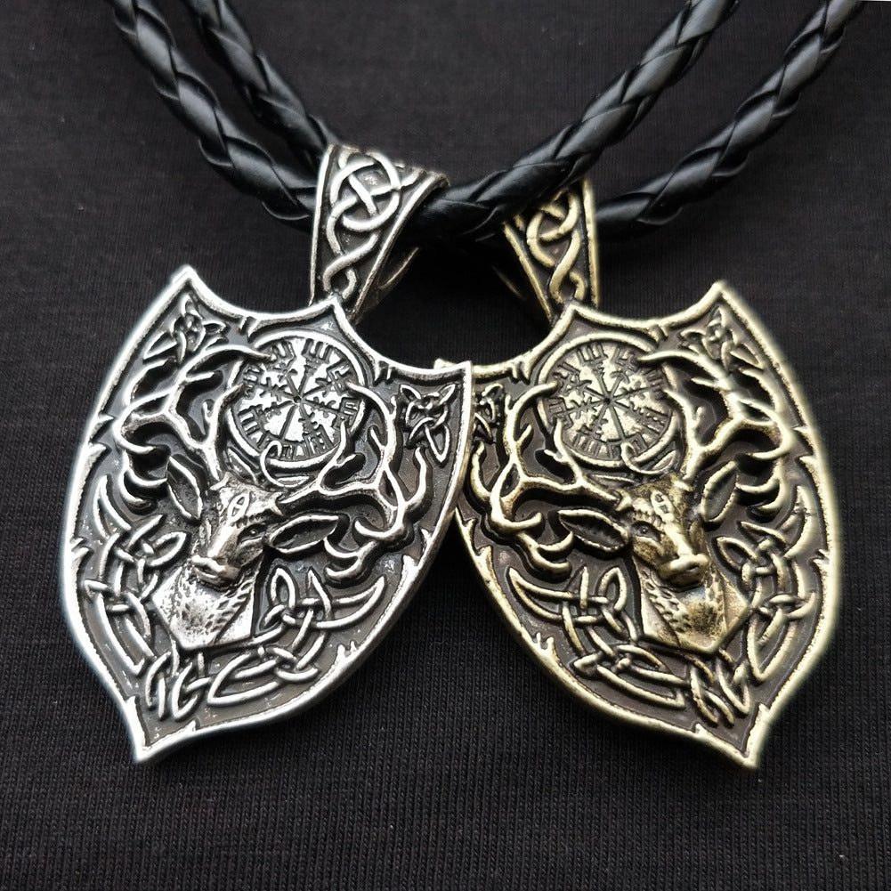 Nordic Viking Deer Head Necklace with Odin Compass Pendant