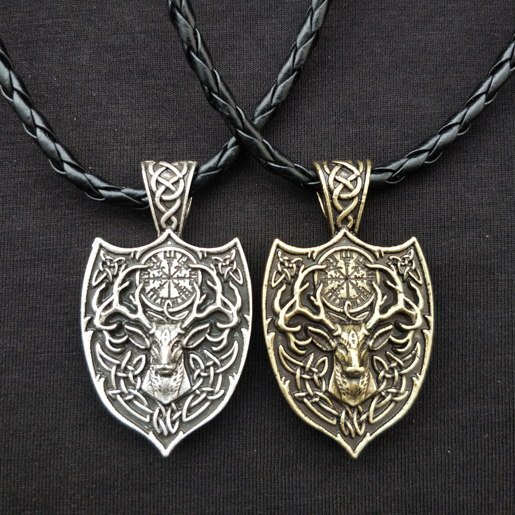 Nordic Viking Deer Head Necklace with Odin Compass Pendant