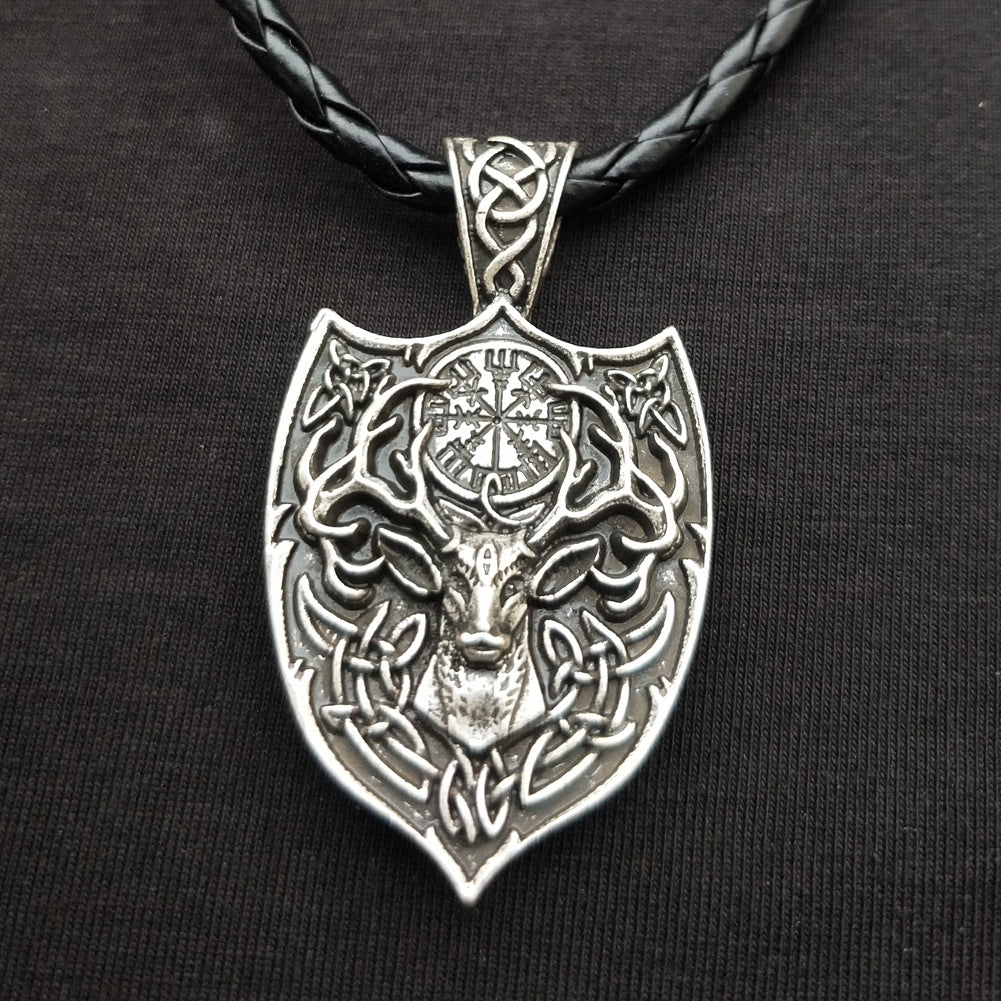 Nordic Viking Deer Head Necklace with Odin Compass Pendant