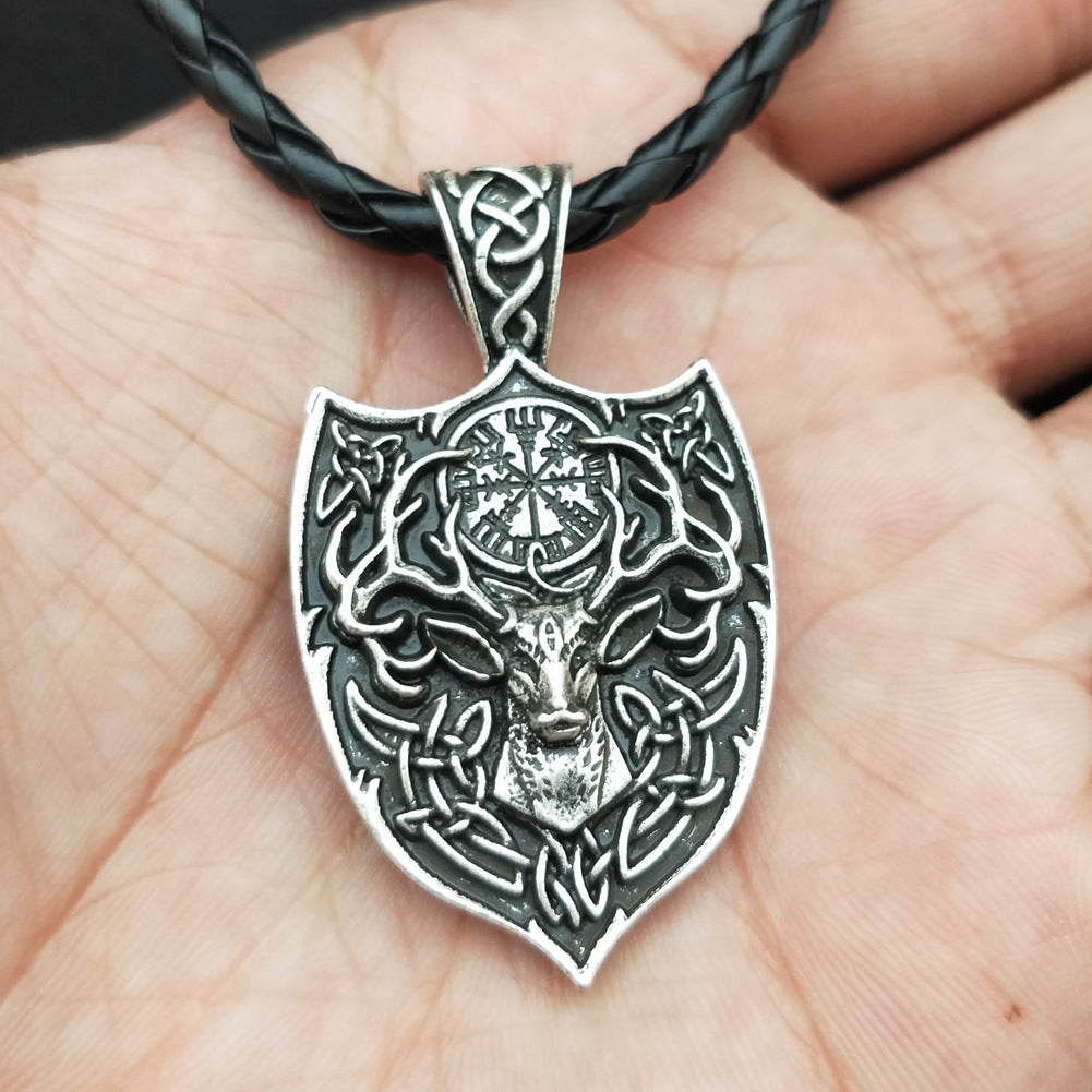 Nordic Viking Deer Head Necklace with Odin Compass Pendant