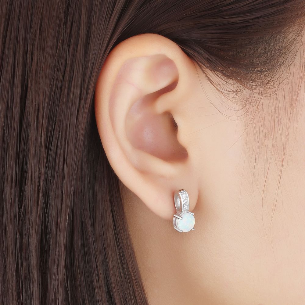 Round Opal with Zircon Circle Ring Sterling Silver Stud Earrings