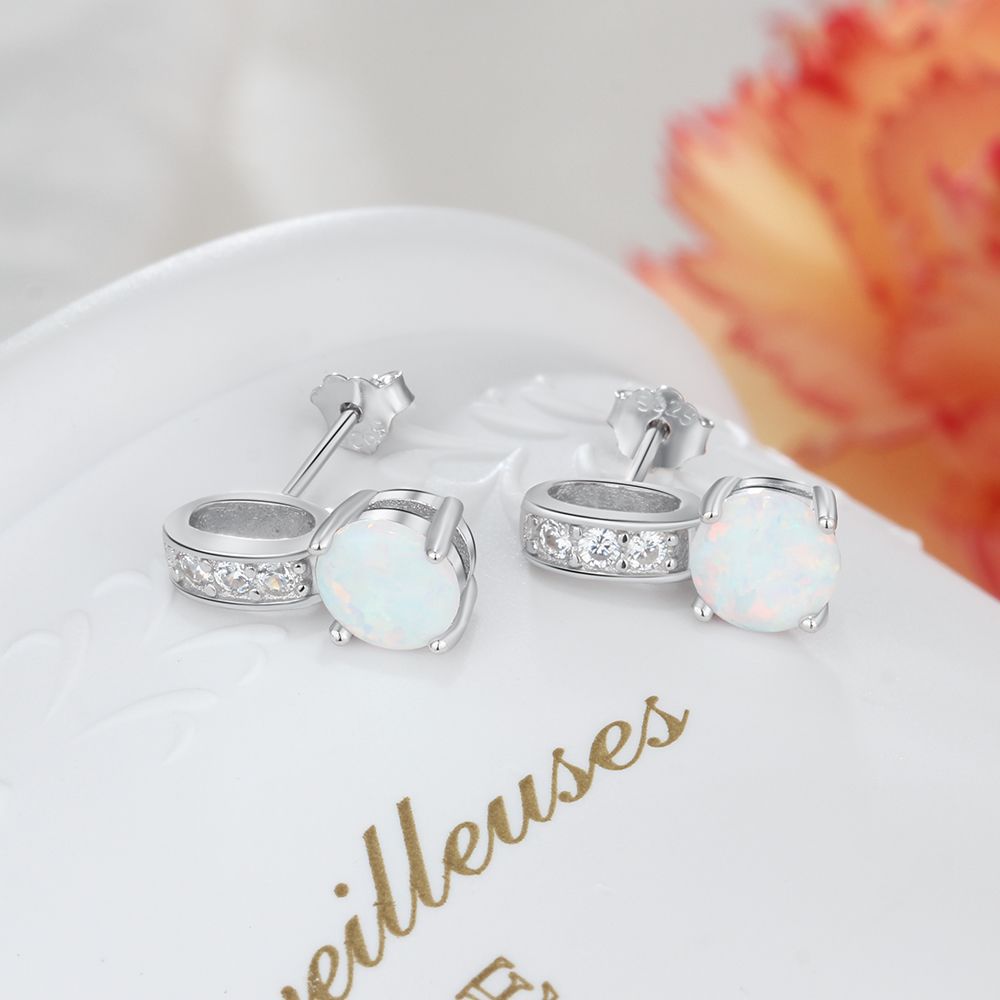 Round Opal with Zircon Circle Ring Sterling Silver Stud Earrings