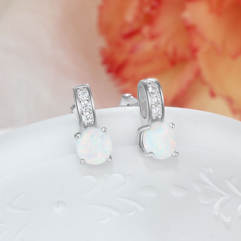 Round Opal with Zircon Circle Ring Sterling Silver Stud Earrings