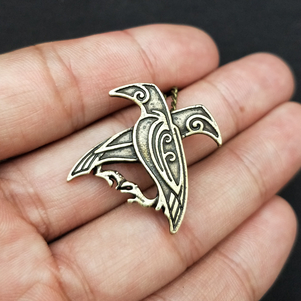 Viking Legend Odin Crow Necklace in Silver Plated Handcarved Design