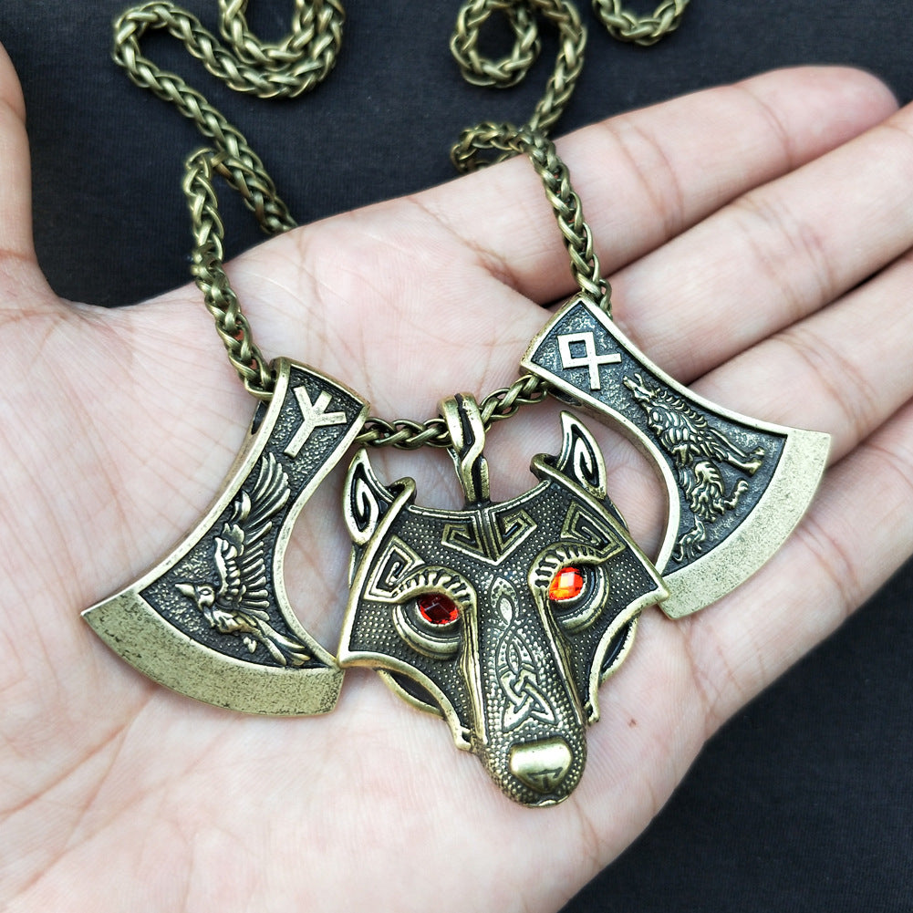 Nordic Myth Wolf Head and Axe Necklace - Norse Legacy Collection