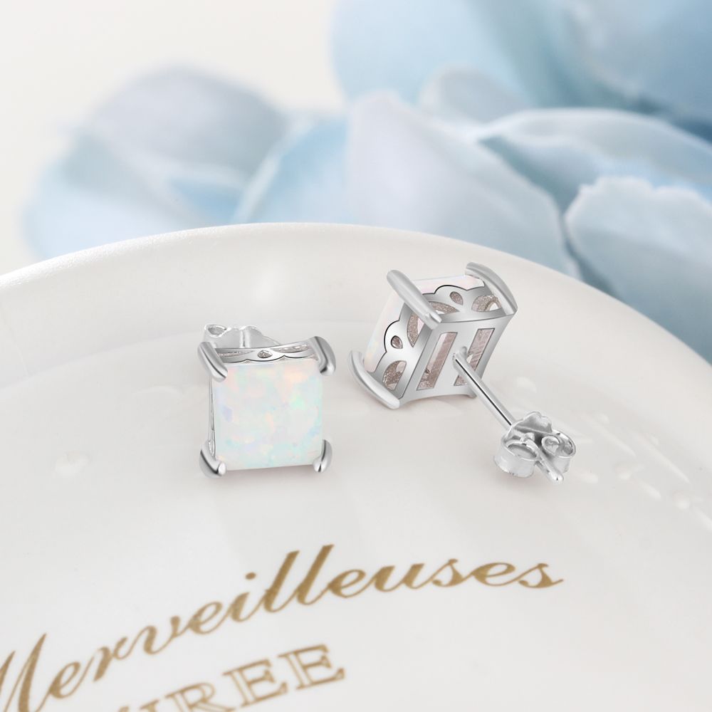 Four Prongs Square Opal Sterling Silver Stud Earrings