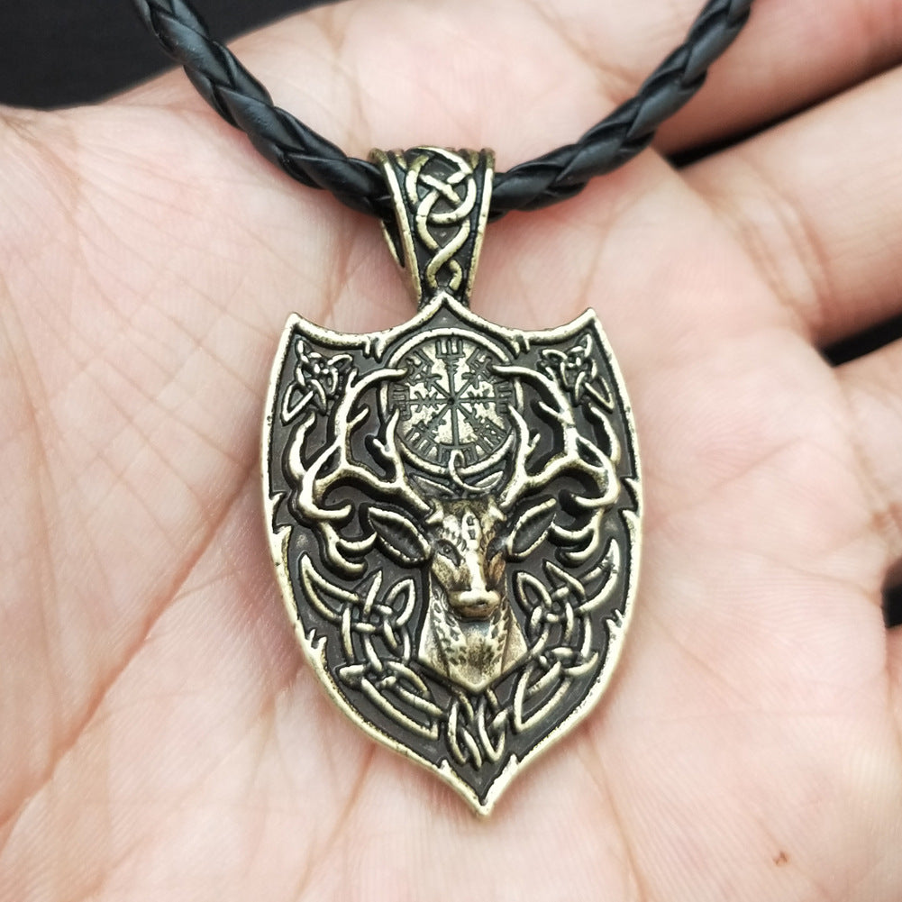 Nordic Viking Deer Head Necklace with Odin Compass Pendant