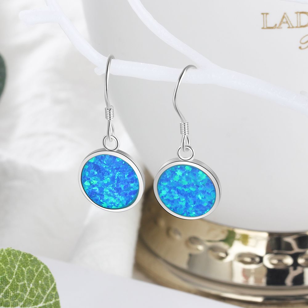 Blue Round Opal Pendant Sterling Silver Hook Earrings