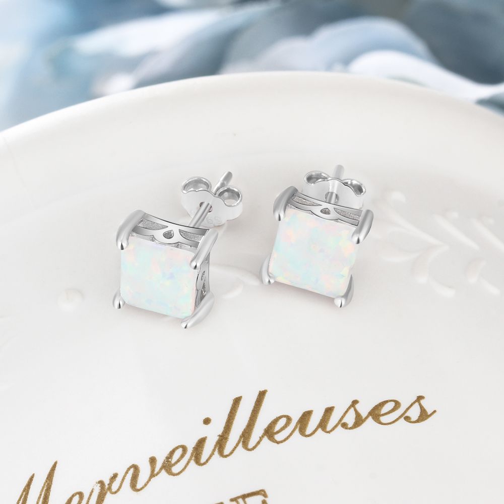 Four Prongs Square Opal Sterling Silver Stud Earrings